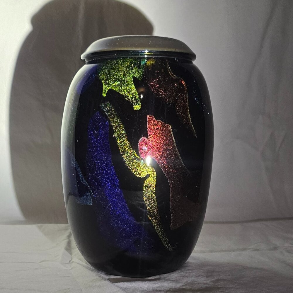 Signed 2001 Studio Hand Blown Art Glass Vase Amber Multi Metallic Flake